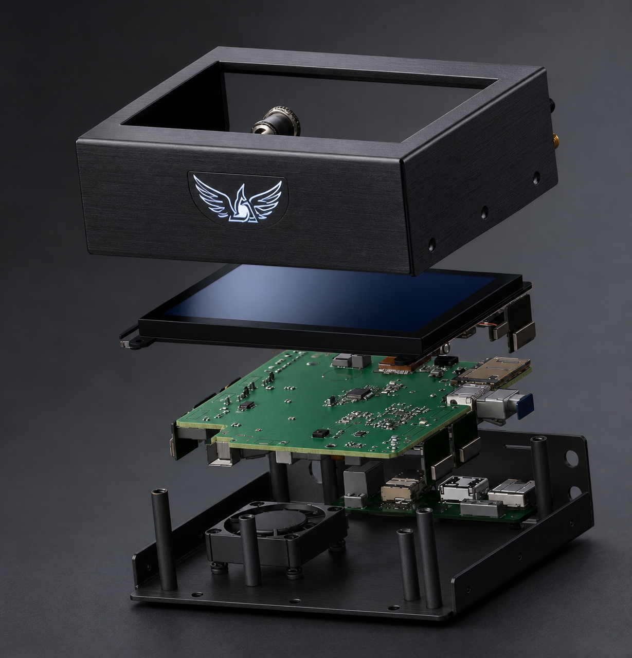 Realistic exploded assembly of Black Box Crypto™ hardware