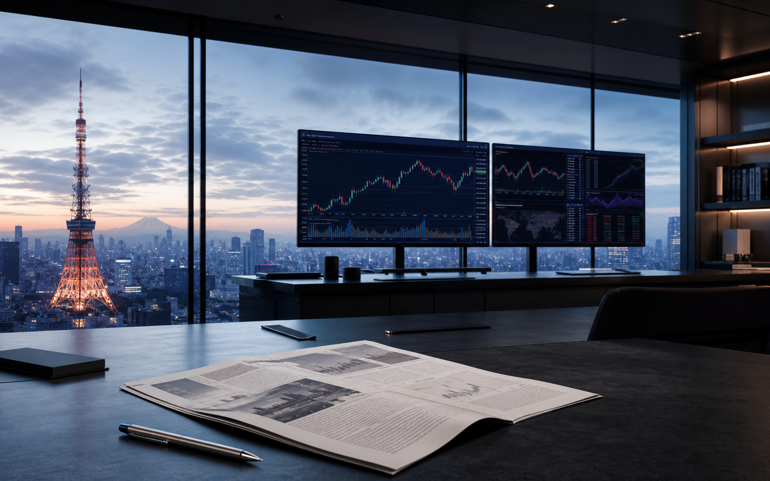 Market research desk overlooking Tokyo at dawn