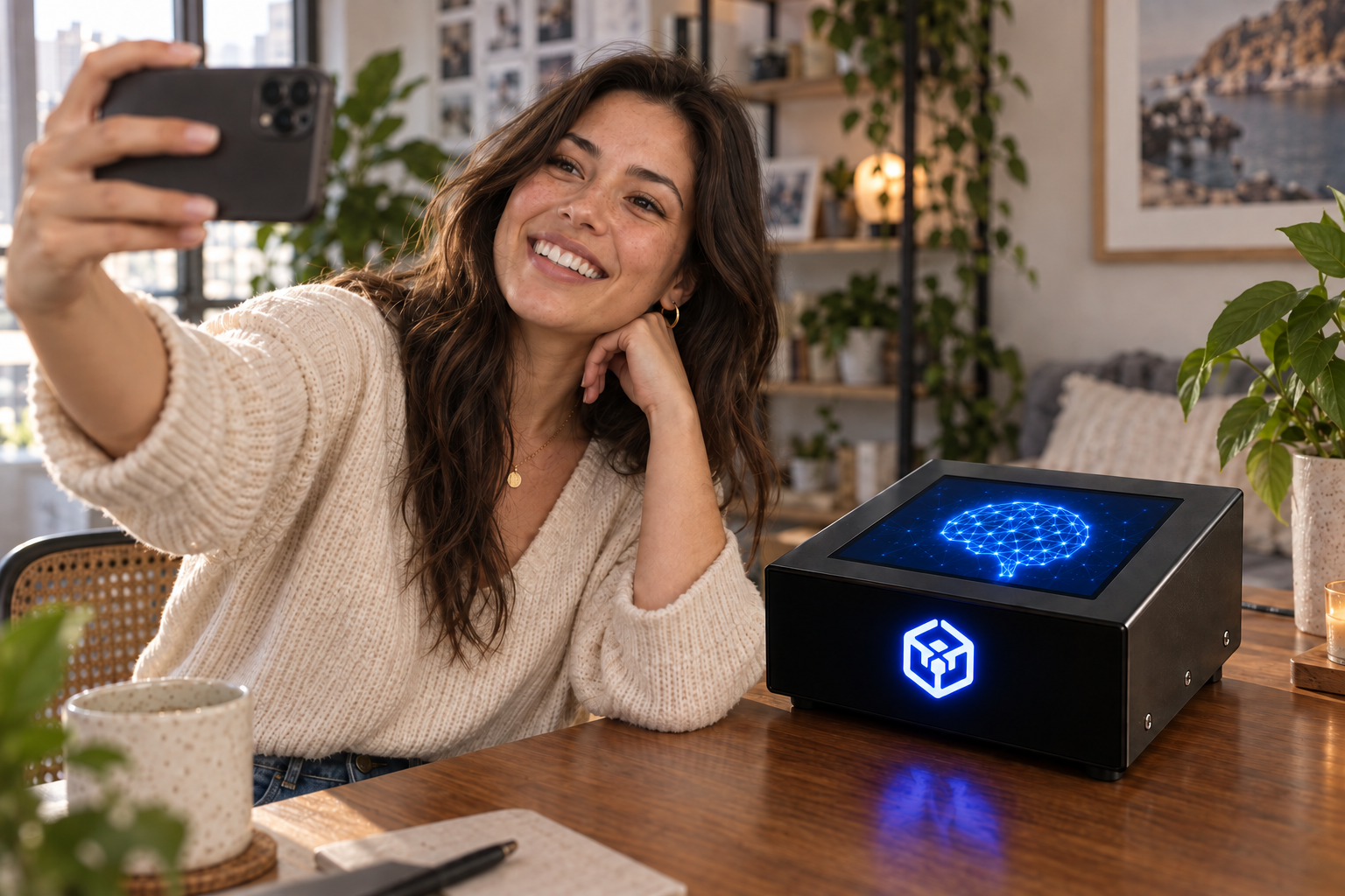 A creator taking a selfie beside the Black Box Crypto desktop device