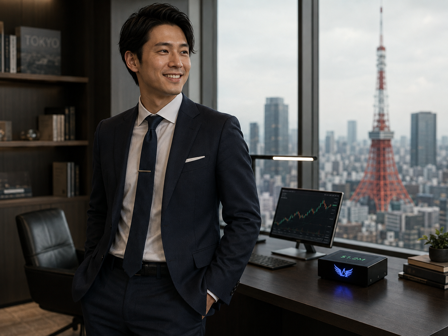 Emirati business professional in a Dubai office with a Black Box Crypto™ appliance on the desk