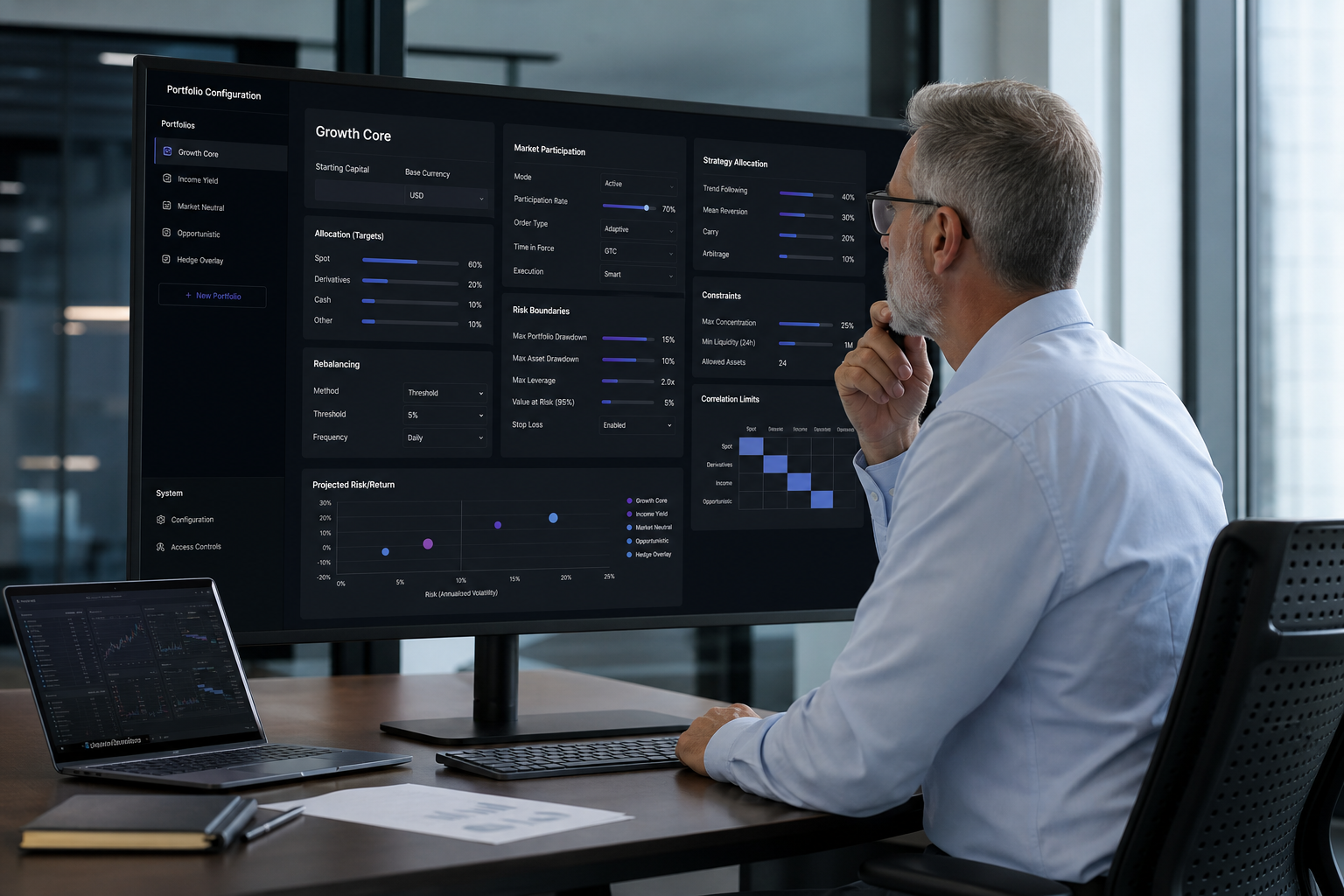 Professional multi-portfolio configuration and risk controls in a modern operations workspace