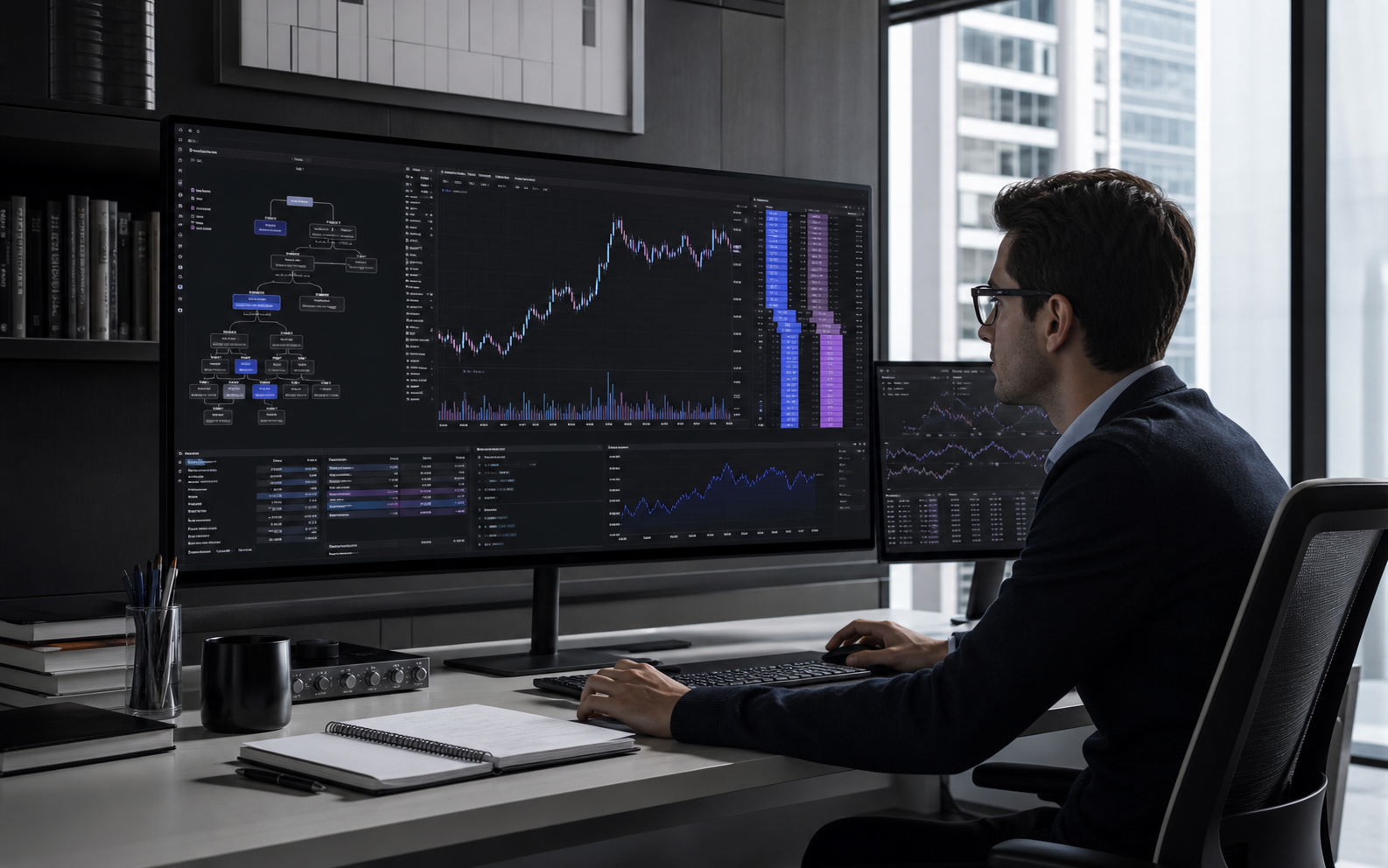 Professional visual trading decision tree displayed in a modern analysis studio
