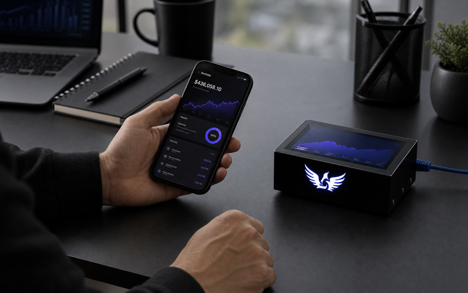 Black Box Crypto™ mobile app displayed beside the customer-owned appliance