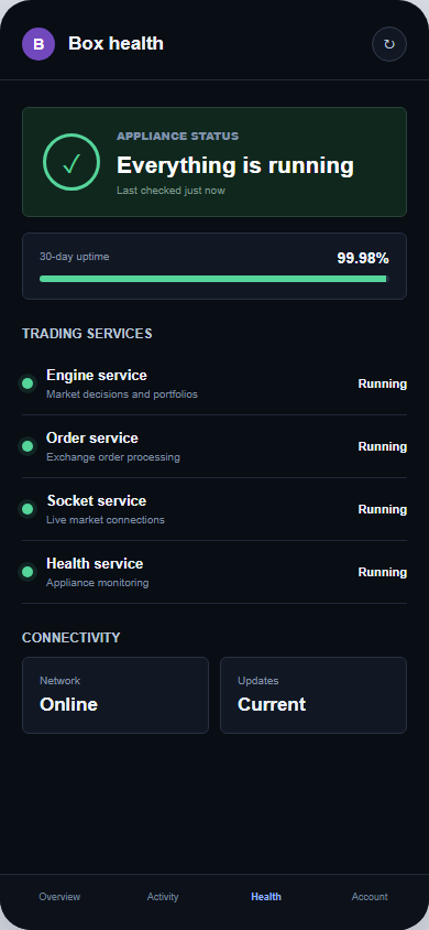Black Box Mobile service-health screen