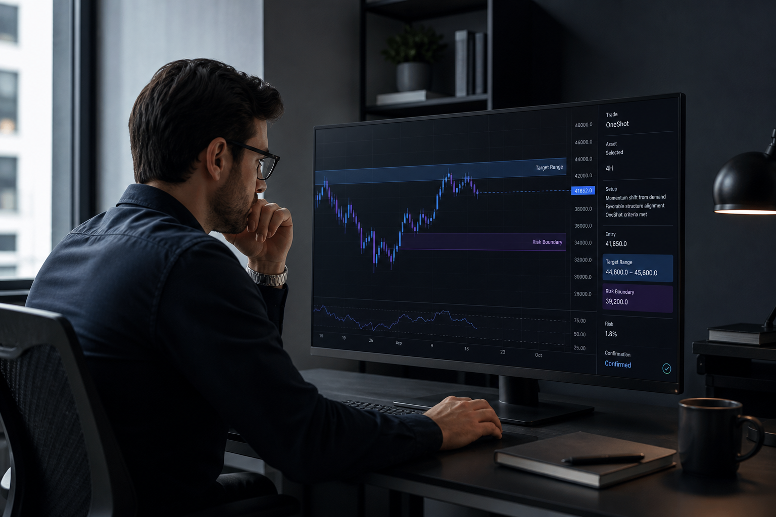 Focused professional reviewing a single controlled cryptocurrency trade setup