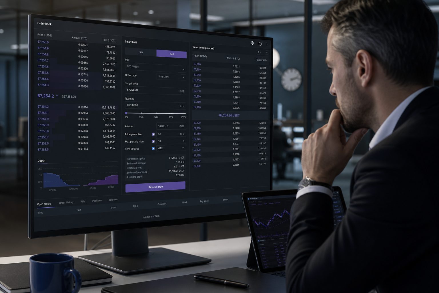 Professional order execution workstation showing market depth and controlled limit orders